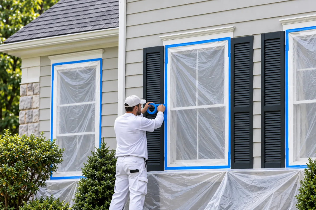 Painter masking exterior windows with plastic sheeting and tape before work begins.