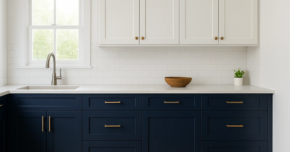 Navy-blue lower kitchen cabinets with brass pulls, white upper cabinets, a white subway-tile backsplash, a stainless faucet, and a wood bowl on the counter.