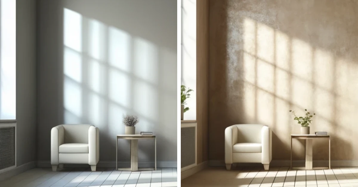 A before-and-after image shows the same room corner with an armchair and side table, with a flat gray wall on the left and a warm textured limewash finish on the right.
