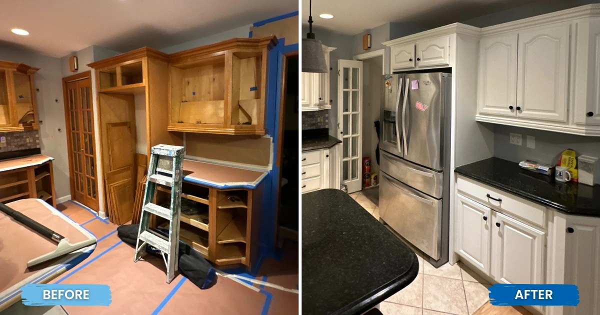 A side-by-side before-and-after of a kitchen: the "before" side shows unfinished wood cabinets with doors removed and surfaces covered in blue painter's tape, and the "after" side shows the same kitchen with white painted cabinets, black granite counters, and a stainless refrigerator.