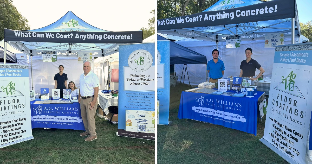 Two photos of the A.G. Williams Painting Company booth tent at an outdoor event, with staff standing behind a table displaying floor coating signage and company banners reading "What Can We Coat? Anything Concrete!"