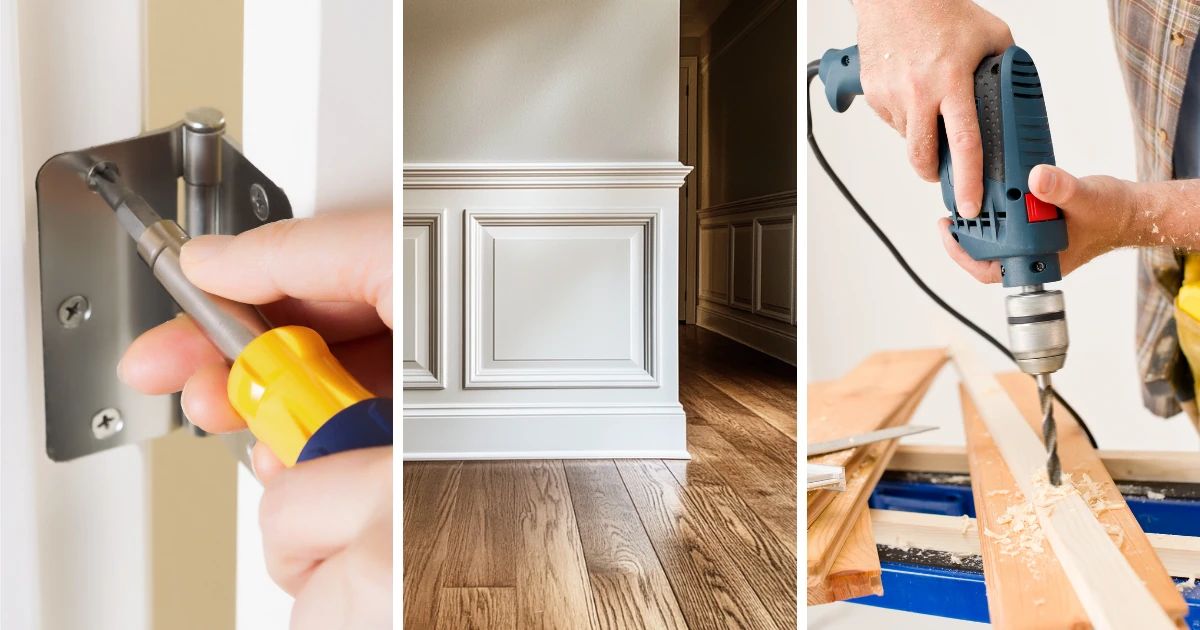 Three-panel collage showing a hand tightening a door hinge with a screwdriver, white painted wainscoting along a hardwood hallway, and a person drilling into a wood board with a power drill.