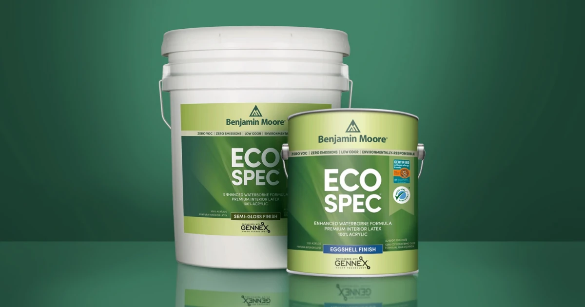 Benjamin Moore Eco Spec interior latex paint on a green background, showing a five-gallon semi-gloss pail and a one-gallon eggshell can with zero-VOC labeling.