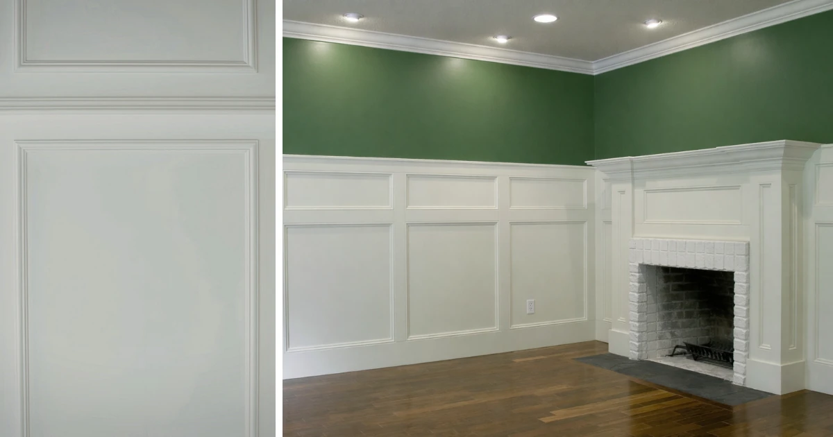Split image showing a close-up of white raised-panel wainscoting on the left and a full room with green upper walls, white wainscoting, crown molding, and a white fireplace mantel on the right.