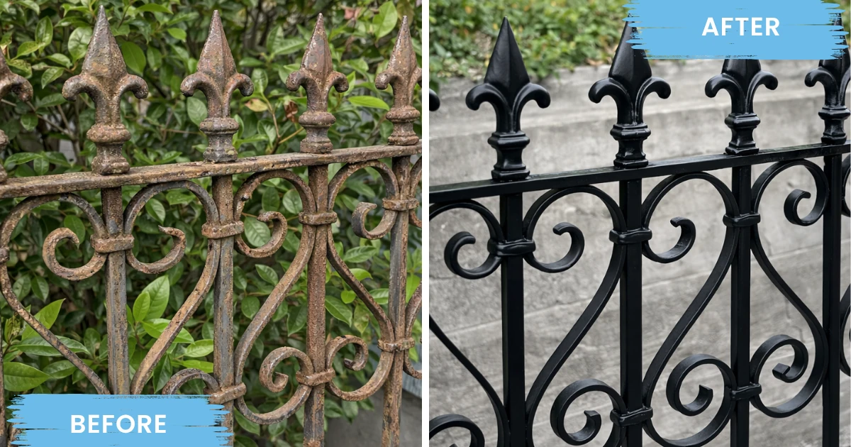 Side-by-side before-and-after photos of an ornate wrought iron fence with fleur-de-lis finials, rusted brown on the left and freshly painted glossy black on the right.