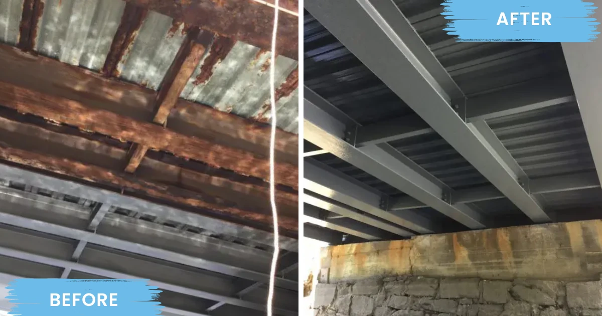 Before and after photos of the underside of a bridge: heavily rusted steel beams and corrugated decking in the before image, and freshly painted gray steel beams over a stone abutment in the after image.