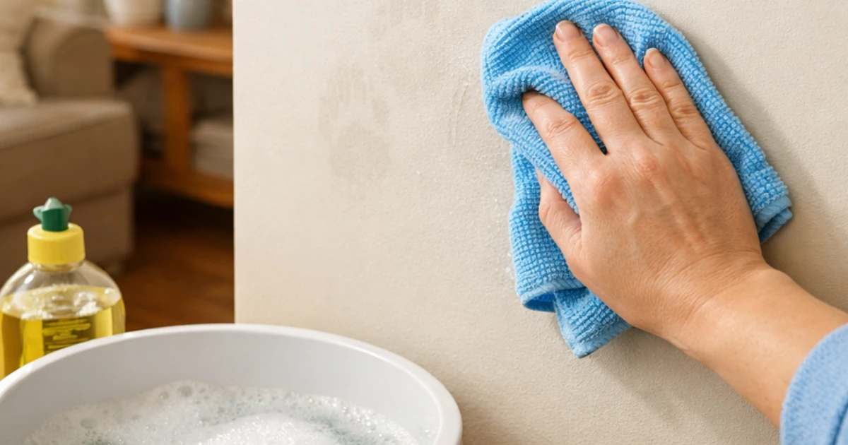 A hand wrapped in a blue microfiber cloth wipes a smudge off a cream-colored wall above a bowl of soapy water and a bottle of dish soap.