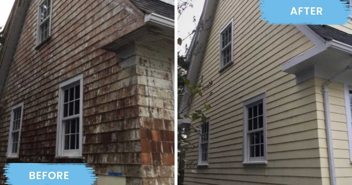 Before-and-after photos of a house's cedar shingle siding and corner, showing weathered gray shingles before and freshly painted tan siding after.