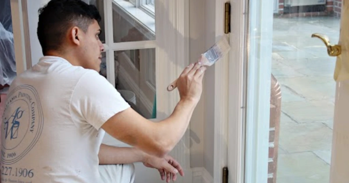 A painter in an A.G. Williams Painting Company shirt uses a brush to paint a white door frame beside a glass door leading to a patio.