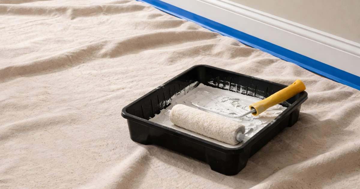 A paint tray holding a roller sits on a canvas drop cloth beside a baseboard edged with blue painter's tape.