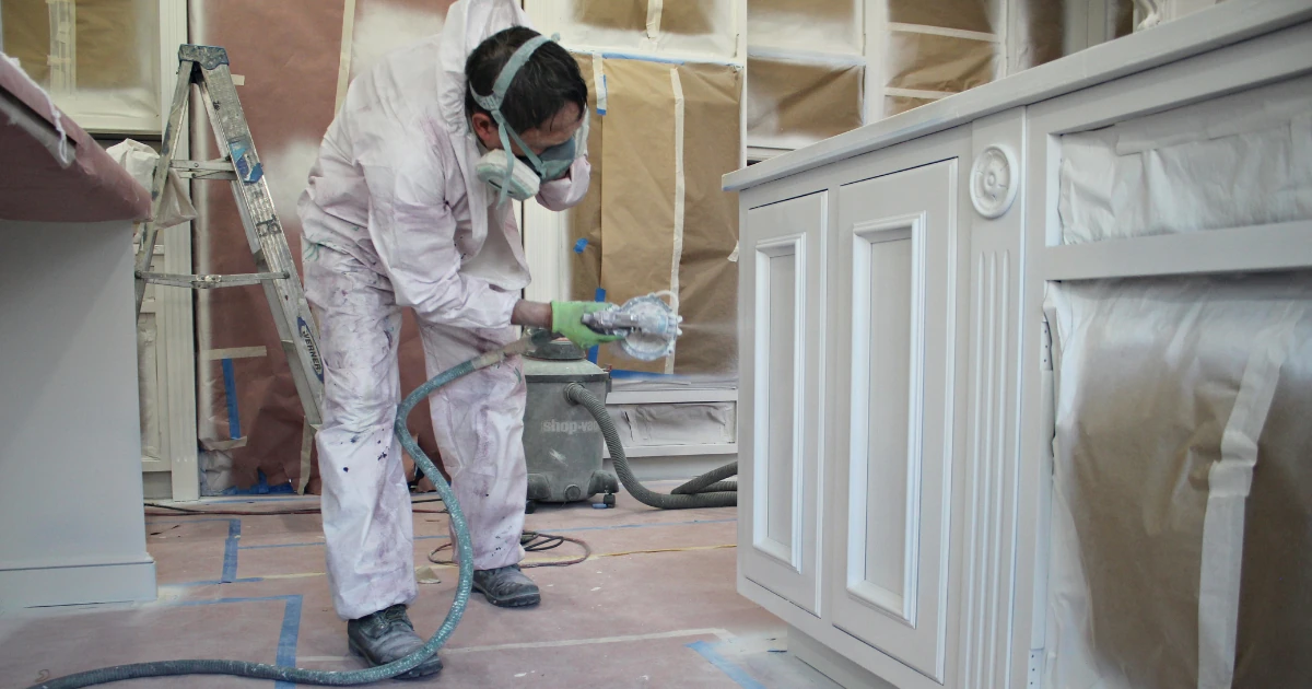 A painter in a protective coverall and respirator mask spray-paints a white cabinet using a handheld sprayer connected to a shop vacuum, inside a room covered in plastic sheeting and painter's tape.