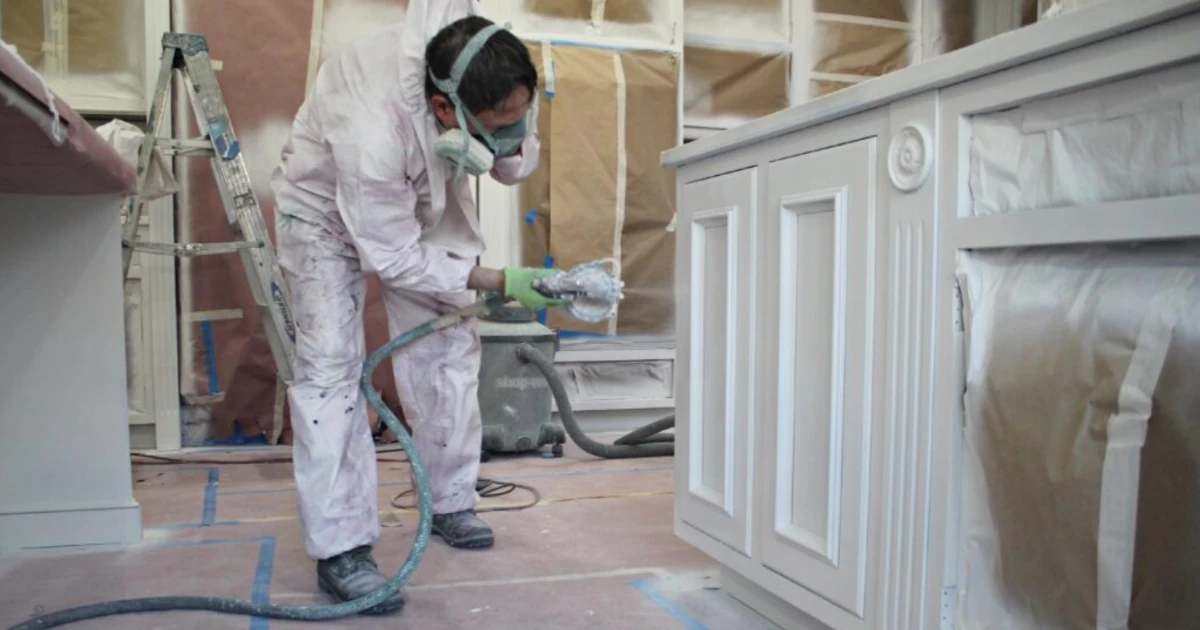 A painter wearing a respirator and paint-spattered coveralls spray-finishes white cabinetry in a room fully masked with paper over the floors and walls.