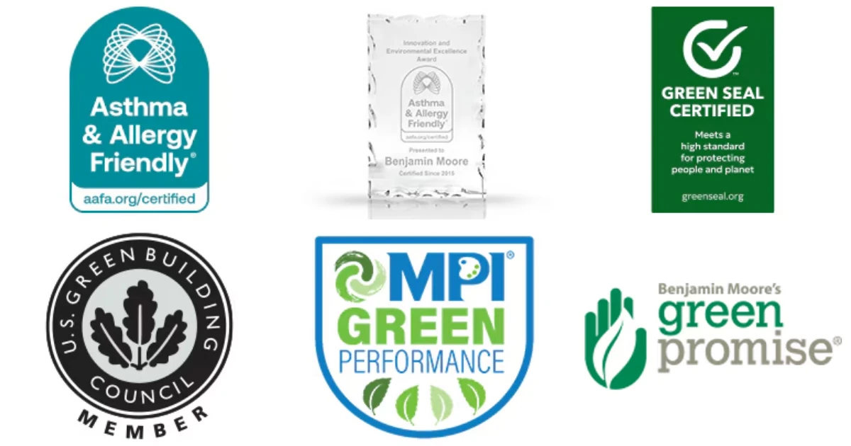 Grid of six certification logos: Asthma & Allergy Friendly, an Innovation and Environmental Excellence Award plaque for Benjamin Moore, Green Seal Certified, U.S. Green Building Council Member, MPI Green Performance, and Benjamin Moore's Green Promise.
