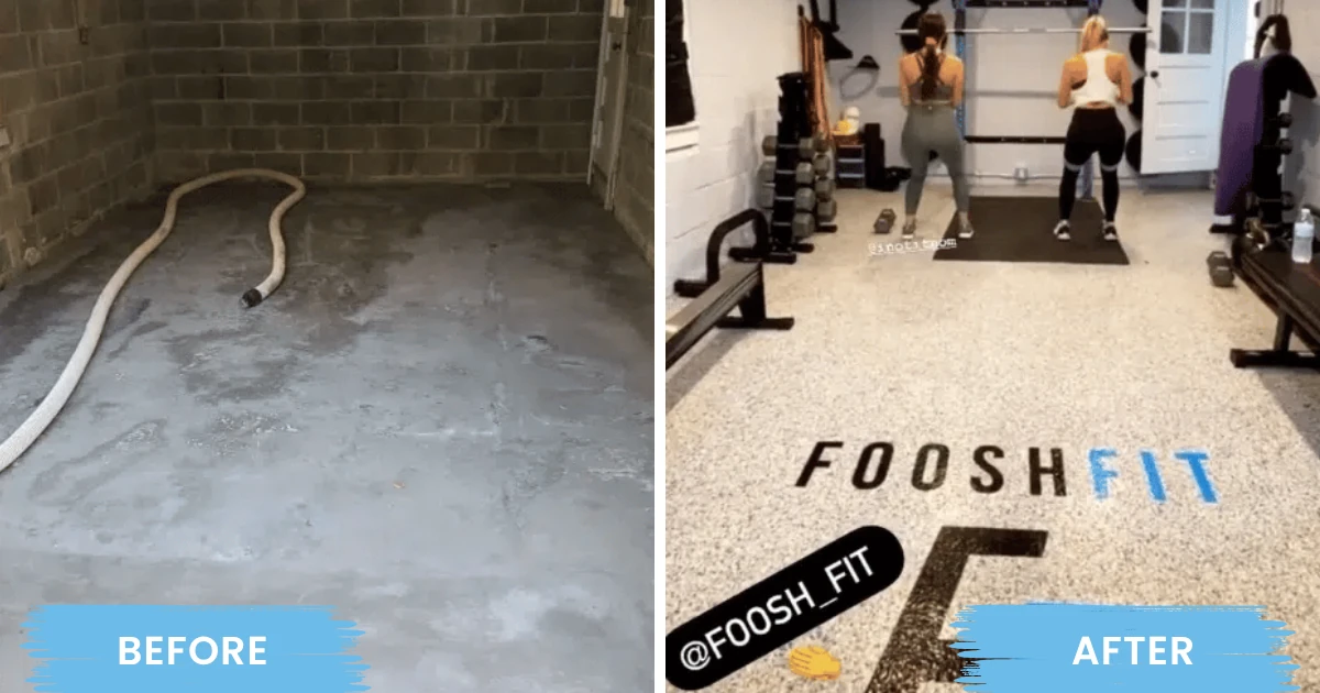 Side-by-side before and after photos of a garage gym floor: bare gray concrete with a hose on the left, and a finished speckled epoxy floor with a FOOSHFIT logo and two people working out on the right.