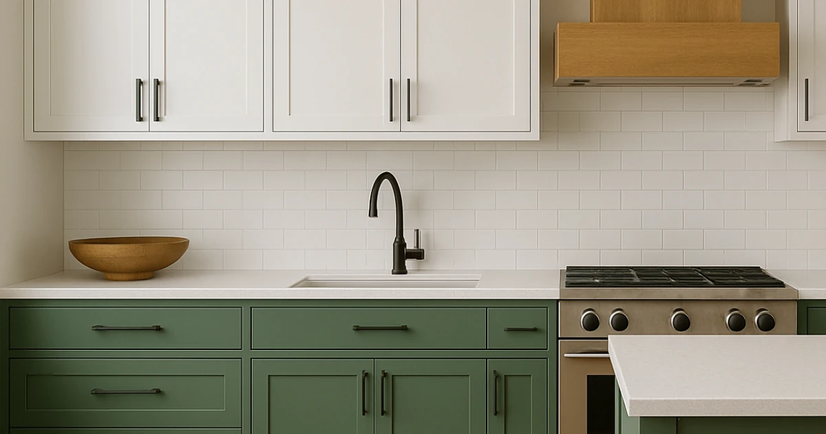 A kitchen with sage-green lower cabinets, white upper cabinets, a black faucet, a wood bowl on the counter, and a stainless range beneath a wood range hood.