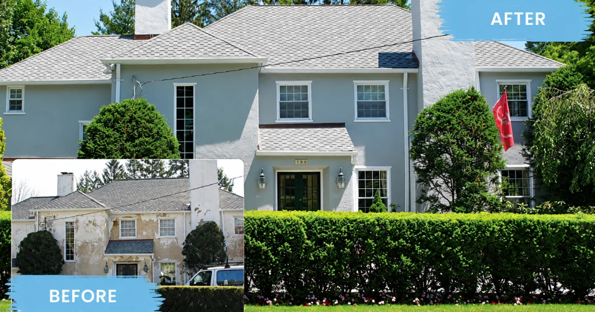 Stucco home before and after restoration from peeling beige paint to a smooth gray finish with white trim.