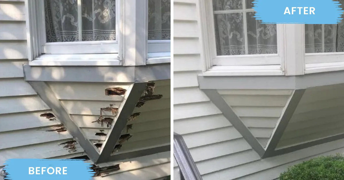 Exterior window trim before wood repair and after repainting in gray and white.