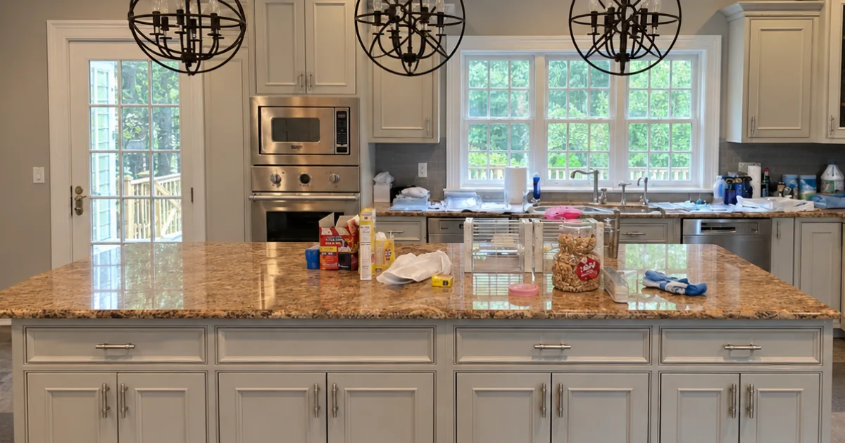 Kitchen with dated cream cabinets and a granite island before refinishing.