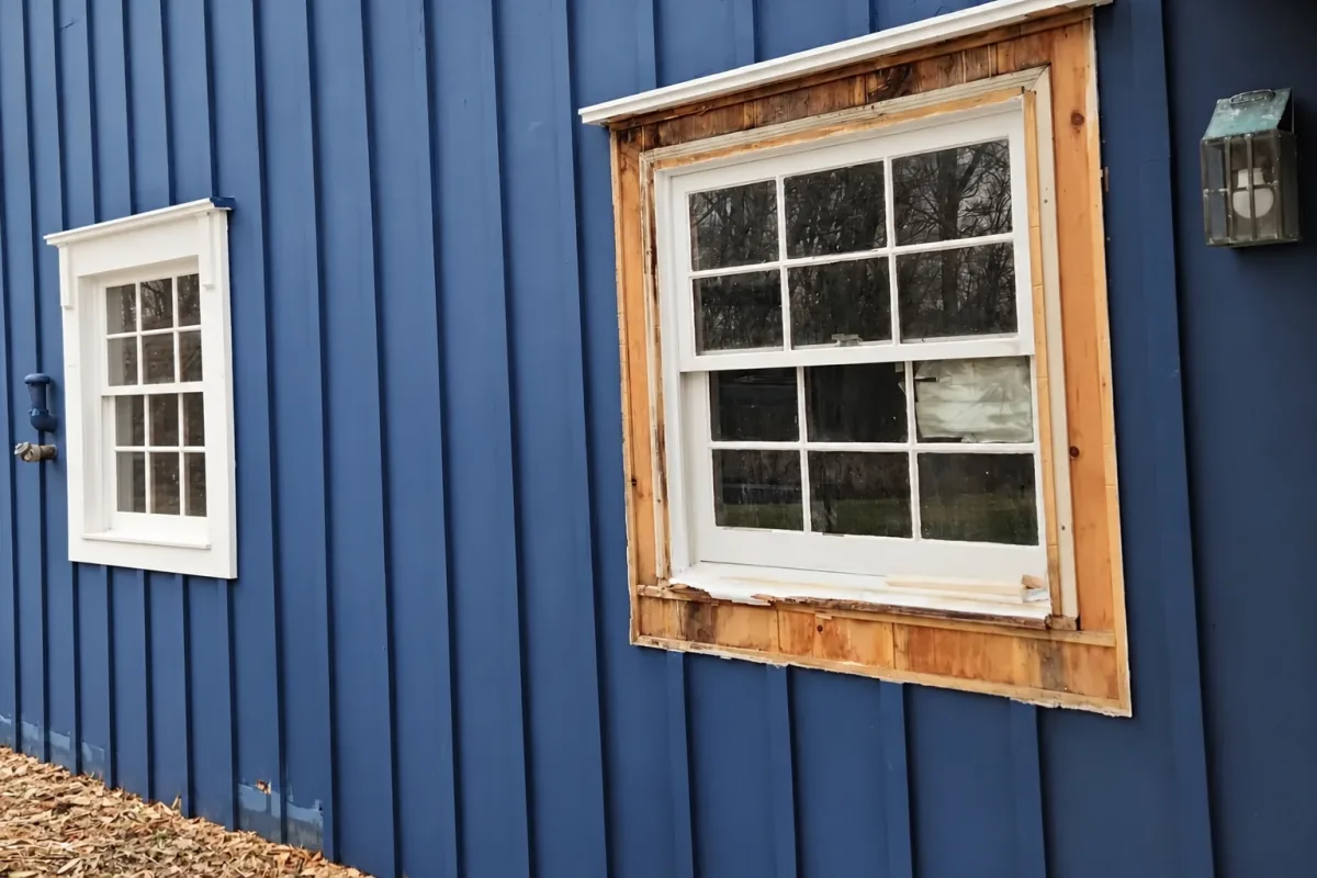 Blue board-and-batten siding with exposed wood trim around a window during exterior preparation.