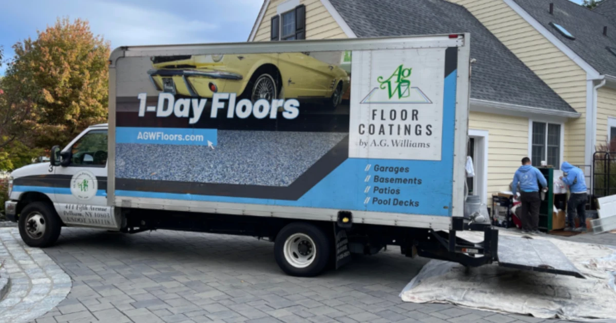 A.G. Williams floor-coating truck prepared for a residential installation.