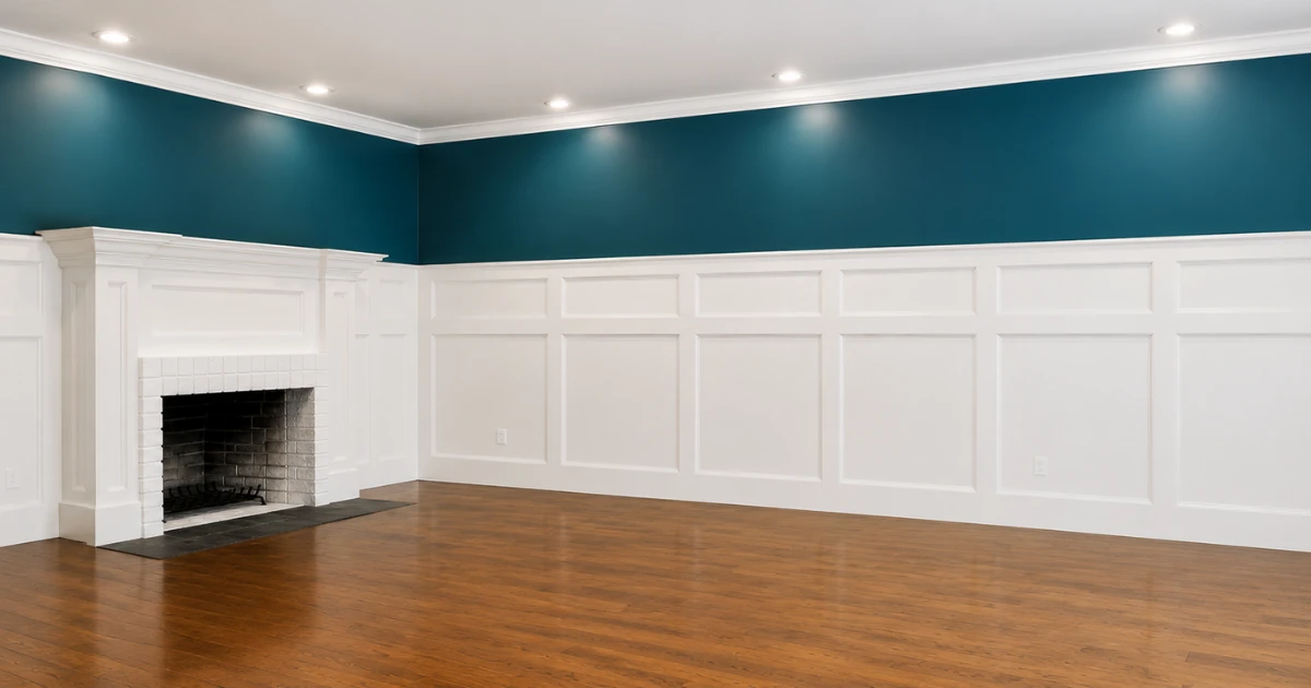 Dining room painted in a deep blue-green above white raised-panel wainscoting, with a painted brick fireplace and hardwood floor