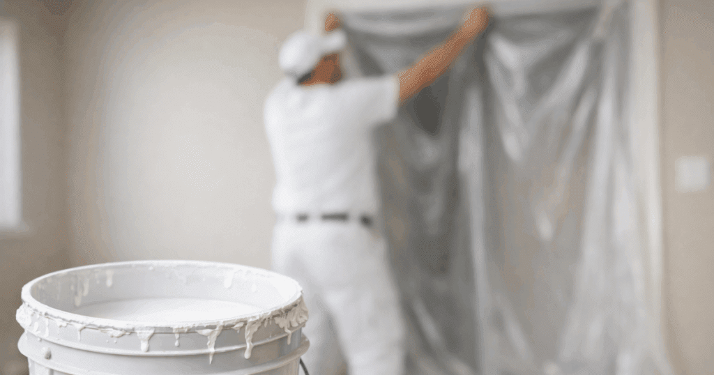 Professional painter taping plastic sheeting over a doorway while a paint bucket sits in the foreground.