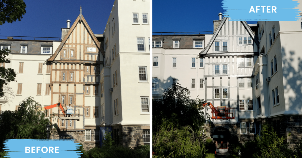 A before-and-after comparison of a historic building restoration. The left side shows the building before painting, with exposed wood and unfinished surfaces, while the right side showcases the completed restoration with fresh white paint and gray trim details. A painter in a lift is visible in both images.