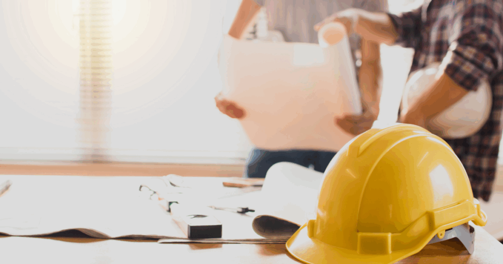 Close-up of a yellow hard hat on a desk with construction plans and two contractors discussing blueprints in the background.