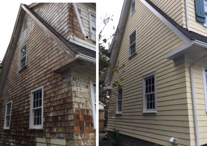 before and after of this exterior house painting project