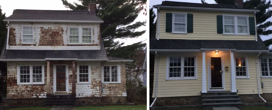 compare the look from before and after we painted this house exterior