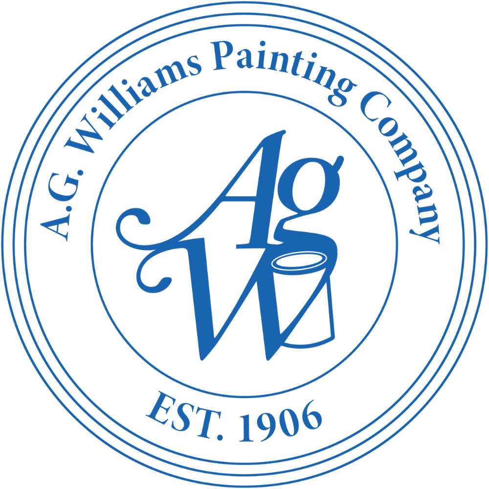 Circular logo for A.G. Williams Painting Company featuring stylized blue "AgW" lettering and a paint can, with "A.G. Williams Painting Company" and "EST. 1906" encircling the design.
