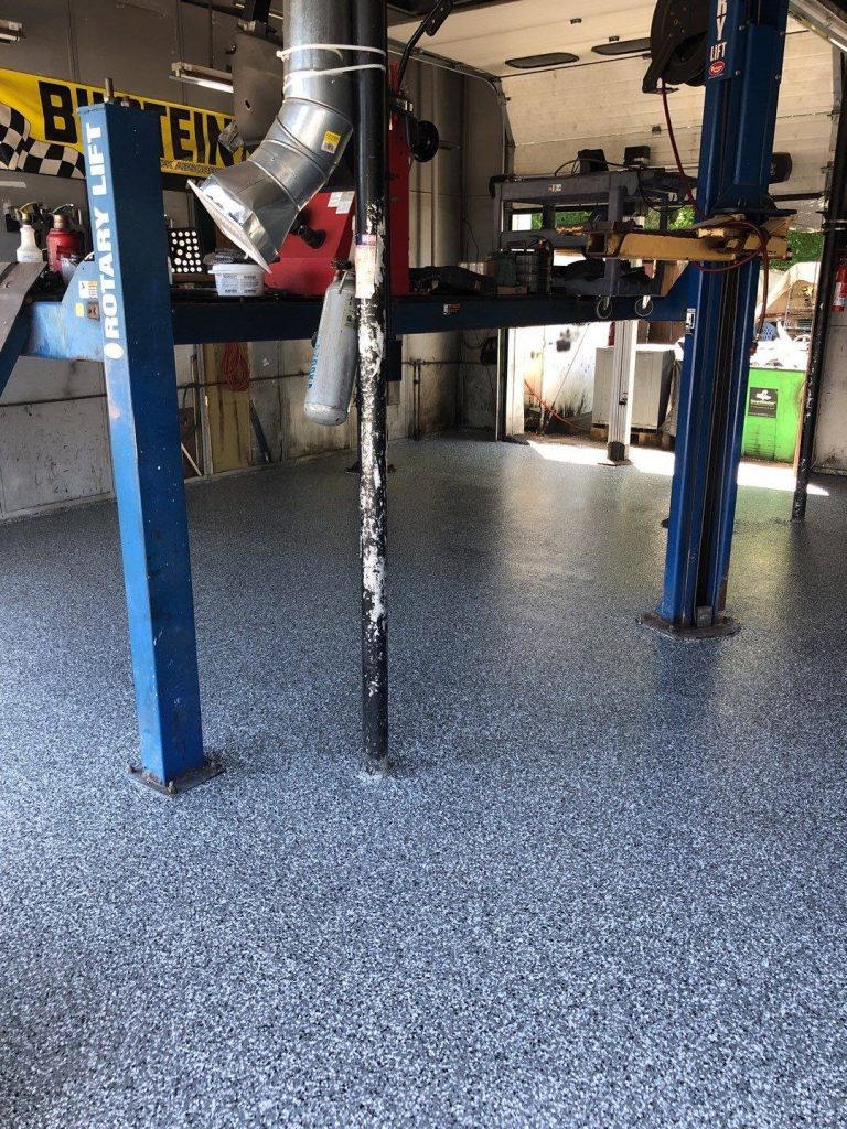 garage floor shop floor finished with penntek floor coating speckled grey floor coating