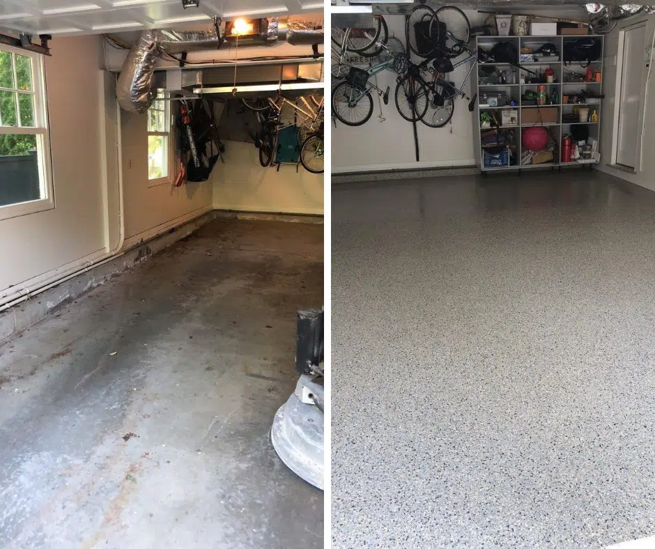 two photos of garage floors. the one on the left is unfinished and stained. the one on the right is a nice coating that is grey with black speckles