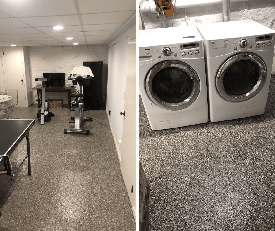 two photos. the left side photo shows a basement floor with a workout machine and the right side shows a coated basement floor with washing machine and dryer