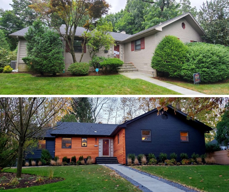 top photo shows tan house and green grass and trees. bottom photo shows same house but with new paint. Orange front and blue sides