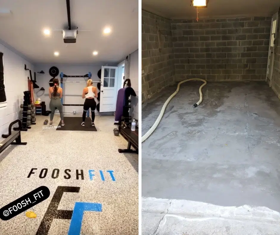 left side photo shows gym with grey floor and logo, women working on machines. right photo shows empty garage with cement