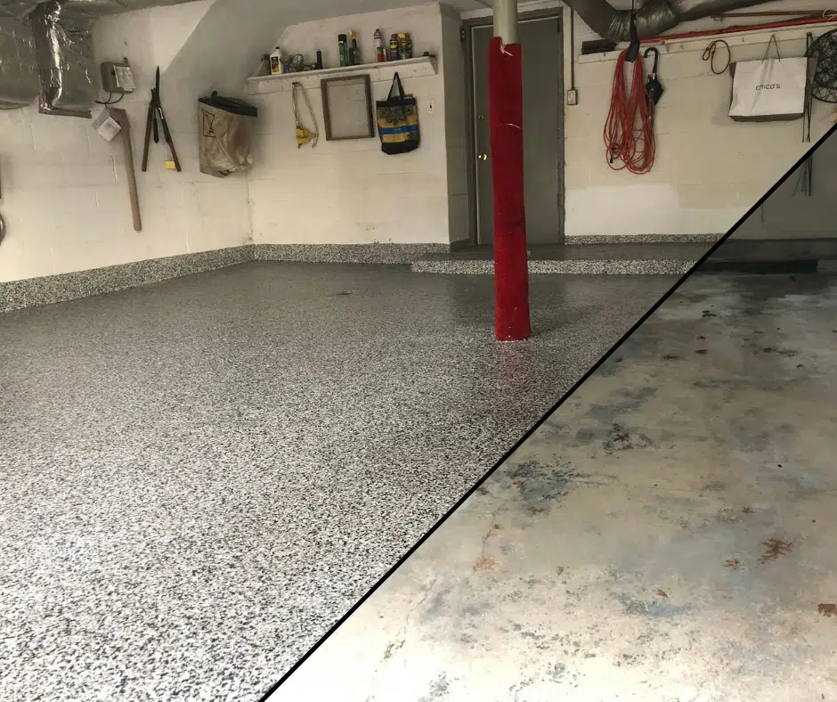 before and after photo of garage floor coating