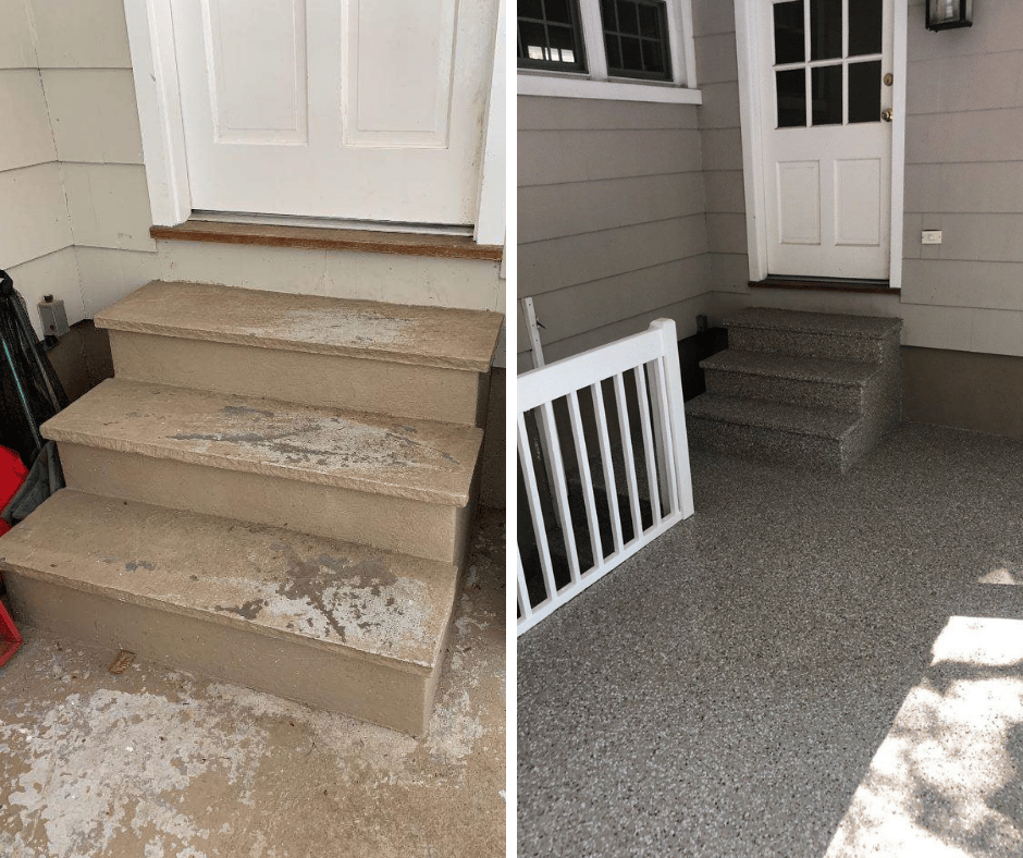 two photos showing a before and after concrete floor coating on outdoor patio