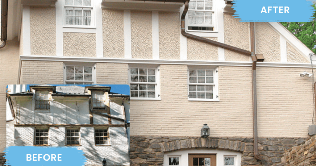 Before and after of a beige house exterior painting.