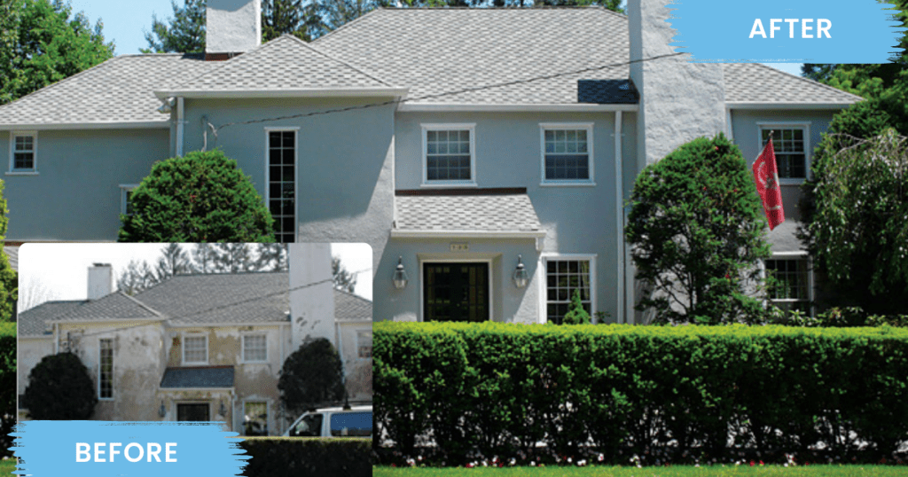 Before and after exterior painting of a gray house.