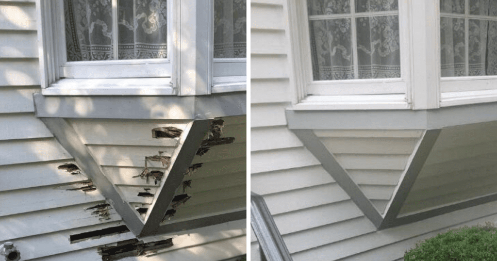 Before and after exterior restoration of a damaged window area.