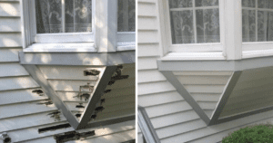 Before and after exterior restoration of a damaged window area.