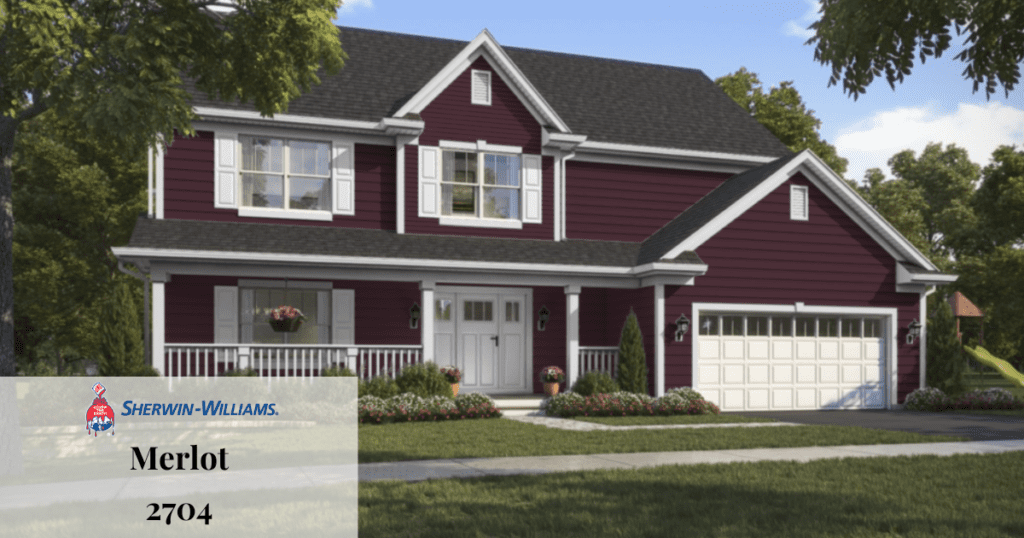 A traditional-style home with exterior walls painted in Sherwin-Williams' "Merlot" 2704, contrasted with white trim and a black roof.