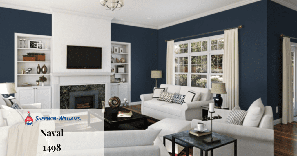 A living room with walls painted in Sherwin-Williams' "Naval" 1498, featuring white furniture and a fireplace.