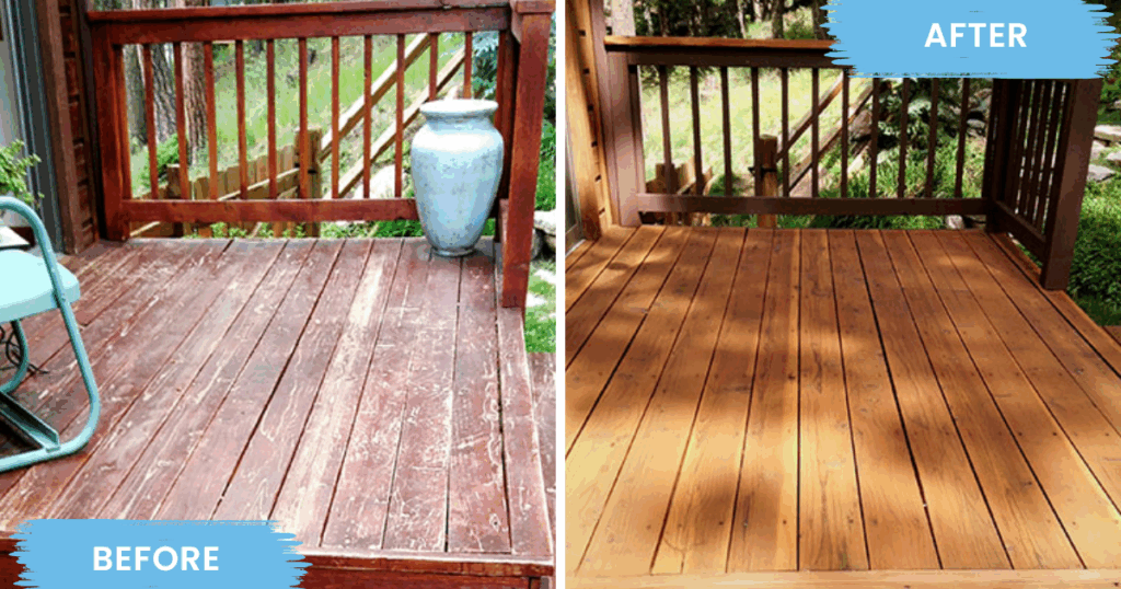 Side-by-side comparison of a worn wooden deck before restoration and a freshly refinished deck after staining.
