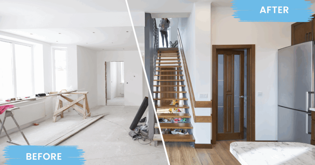 Side-by-side comparison of a home before and after renovation, highlighting flooring and wall updates.