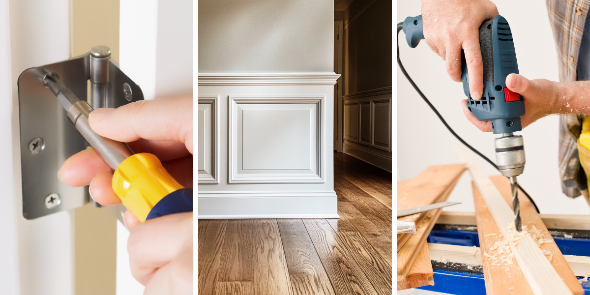 A collage showcasing three stages of home improvement and finishing work: tightening a hinge on a door with a screwdriver, a hallway featuring elegant white wainscoting and polished hardwood floors, and a worker drilling into a wooden board on a workbench.