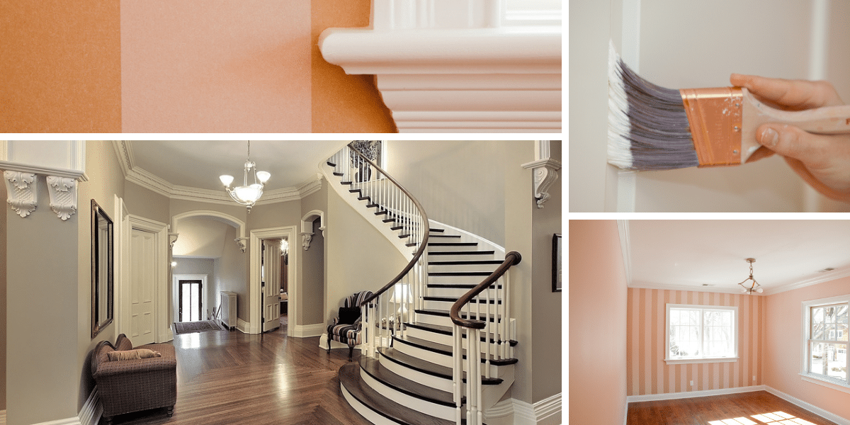 Collage of interior painting images, including peach-colored walls with white molding, a warm-toned hallway with wainscoting, a hand painting trim, and a peach room with a striped accent wall.